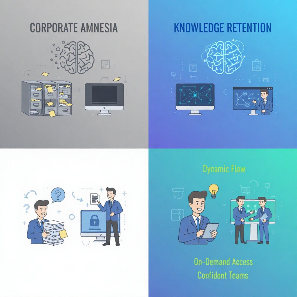 Amnésia Corporativa vs Retenção de Conhecimento: Comparação visual de conhecimento aprisionado versus aprendizado acessível e integrado