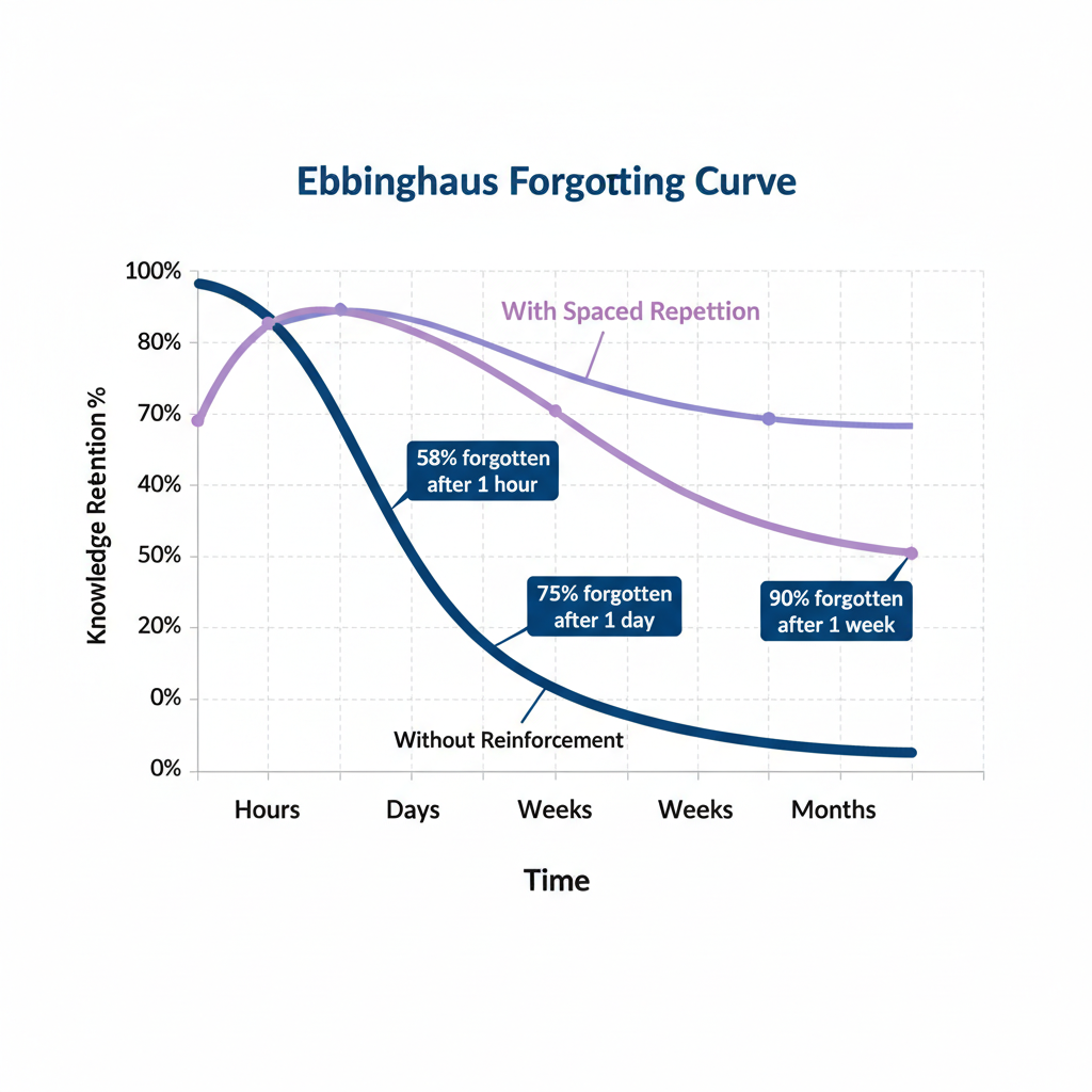 A Curva do Esquecimento: Gráfico mostrando como a retenção de conhecimento cai drasticamente ao longo do tempo sem reforço