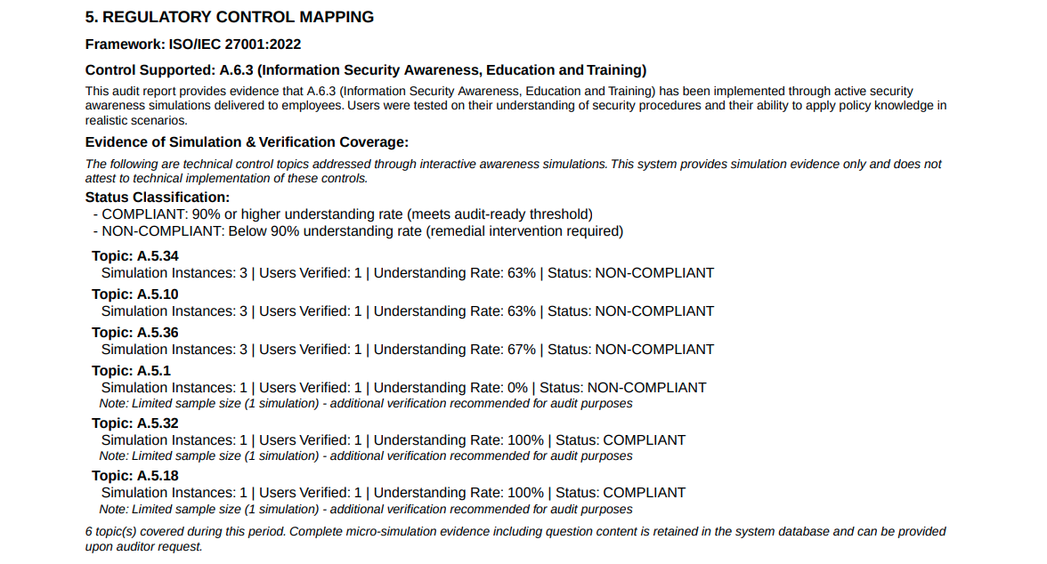 Regulatory control mapping section with compliance status