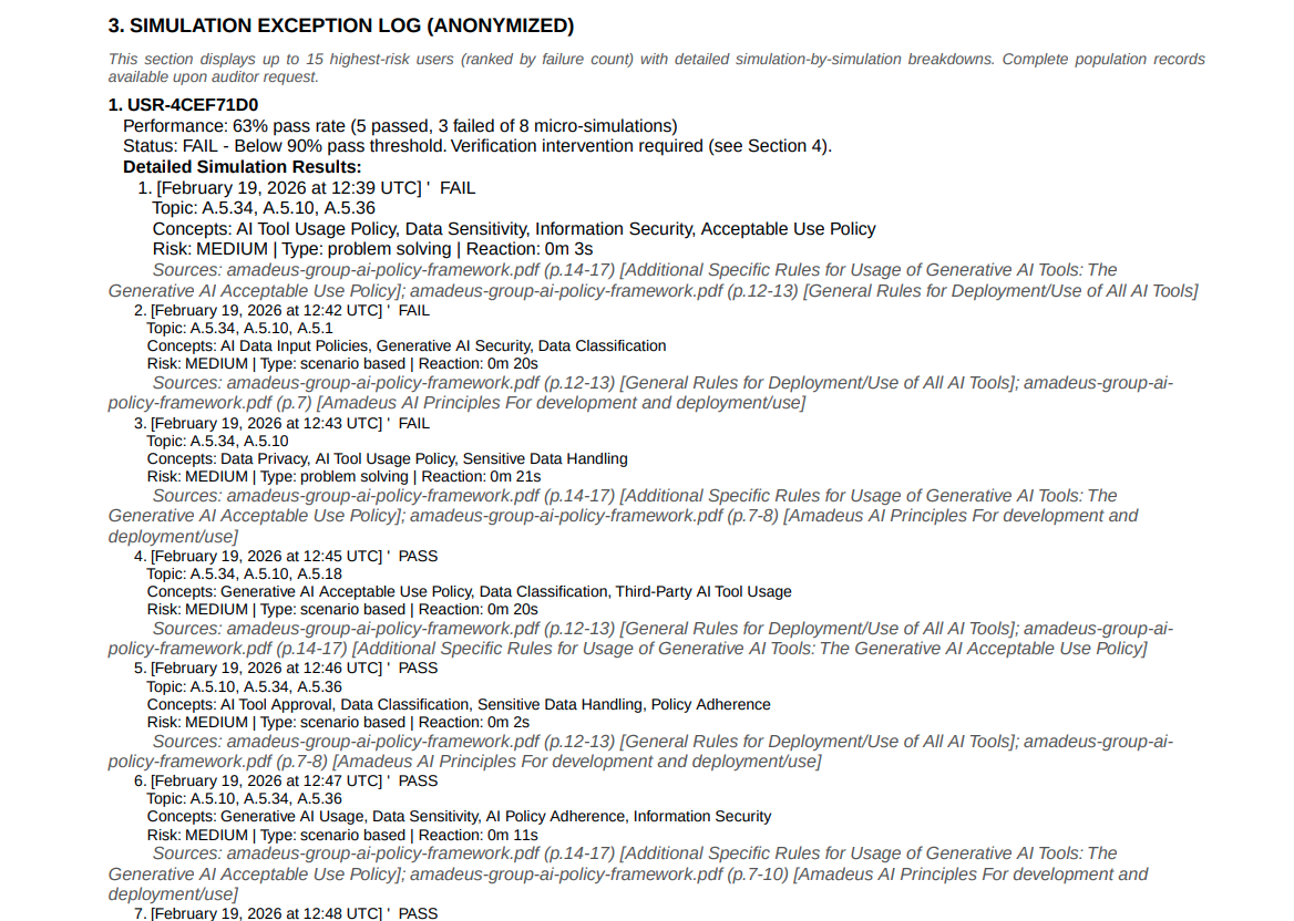 Simulation exception log with verification velocity
