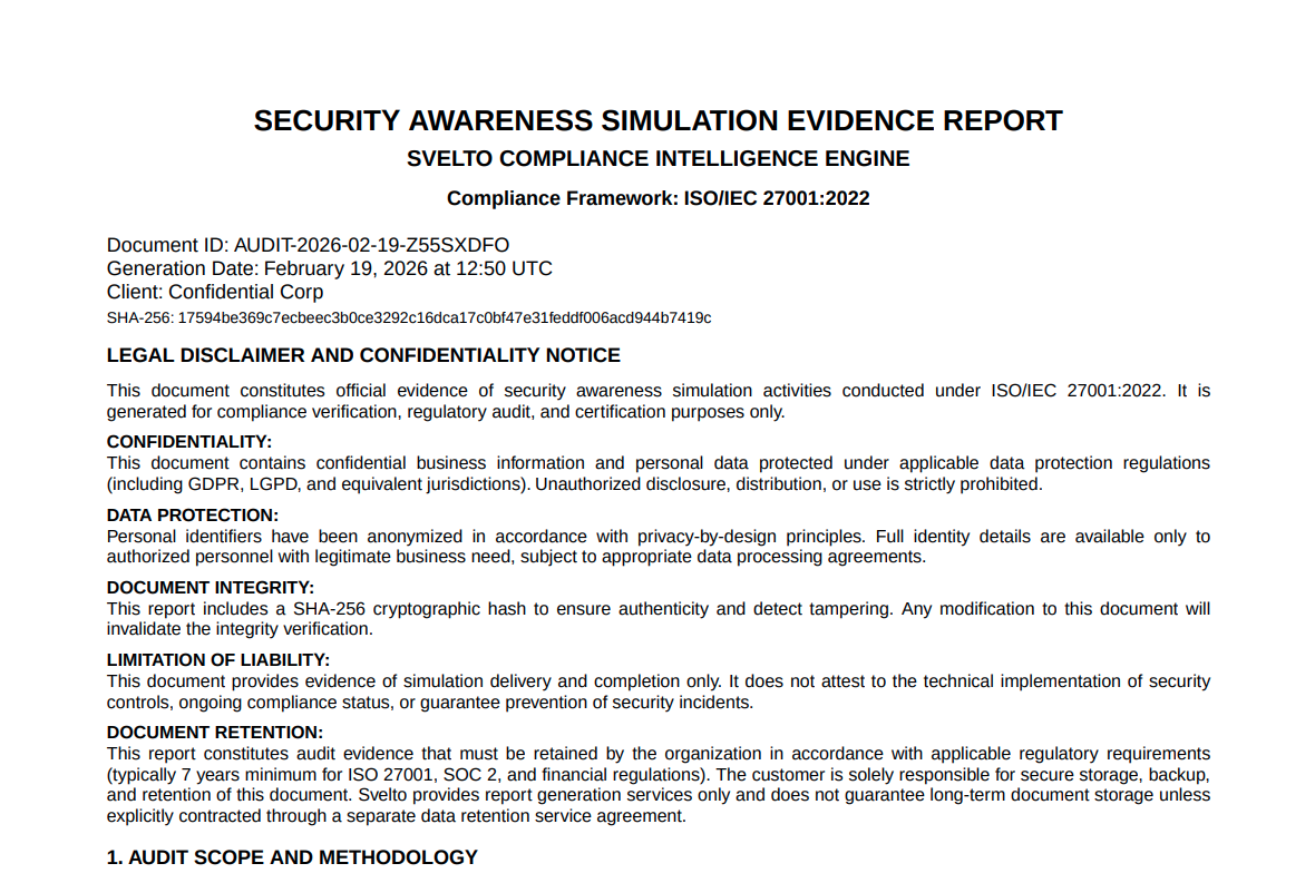 Svelto Audit Report header showing SHA-256 integrity verification